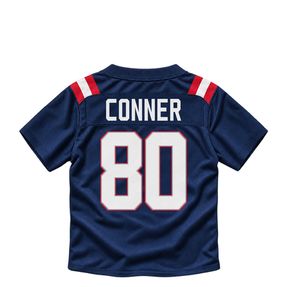 New England Patriots jersey keychain — Tanner Conner #80. Exact saved player artwork preview.