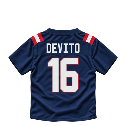New England Patriots jersey keychain — Tommy DeVito #16. Exact saved player artwork preview.