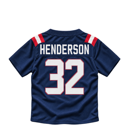 New England Patriots jersey keychain — TreVeyon Henderson #32. Exact saved player artwork preview.