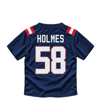 New England Patriots jersey keychain — Xavier Holmes #58. Exact saved player artwork preview.