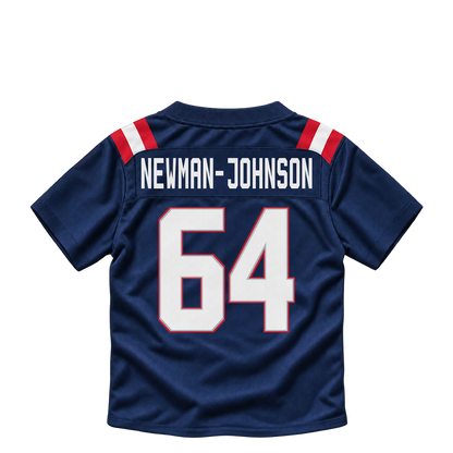 New England Patriots jersey keychain — Xavier Newman-Johnson #64. Exact saved player artwork preview.