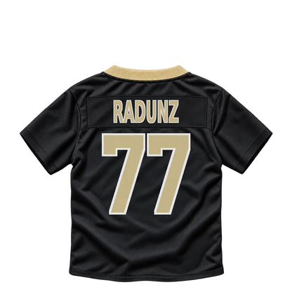 New Orleans Saints jersey keychain — Dillon Radunz #77. Exact saved player artwork preview.