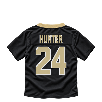 New Orleans Saints jersey keychain — Jarquez Hunter #24. Exact saved player artwork preview.