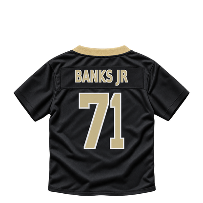 New Orleans Saints jersey keychain — Kelvin Banks Jr. #71. Exact saved player artwork preview.