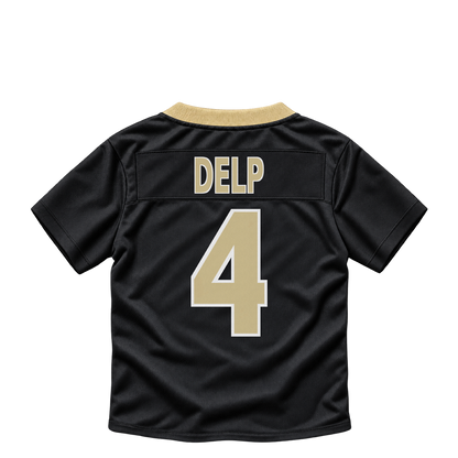 New Orleans Saints jersey keychain — Oscar Delp #4. Exact saved player artwork preview.