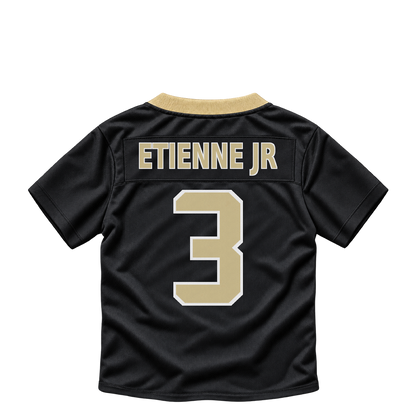 New Orleans Saints jersey keychain — Travis Etienne Jr. #3. Exact saved player artwork preview.