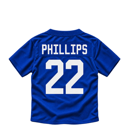 New York Giants jersey keychain — Dru Phillips #22. Exact saved player artwork preview.