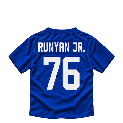 New York Giants jersey keychain — Jon Runyan Jr. #76. Exact saved player artwork preview.