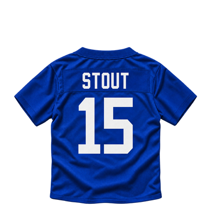 New York Giants jersey keychain — Jordan Stout #15. Exact saved player artwork preview.