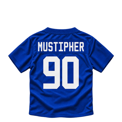 New York Giants jersey keychain — PJ Mustipher #90. Exact saved player artwork preview.