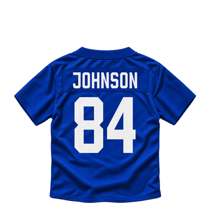 New York Giants jersey keychain — Theo Johnson #84. Exact saved player artwork preview.