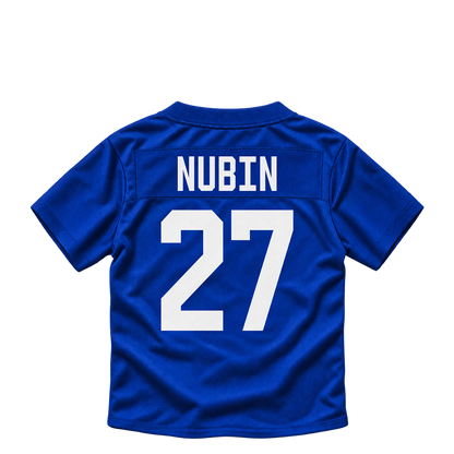 New York Giants jersey keychain — Tyler Nubin #27. Exact saved player artwork preview.