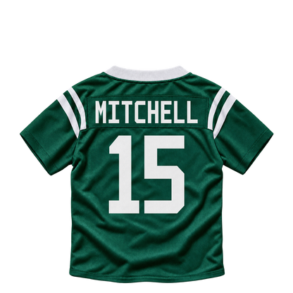 New York Jets jersey keychain — Adonai Mitchell #15. Exact saved player artwork preview.
