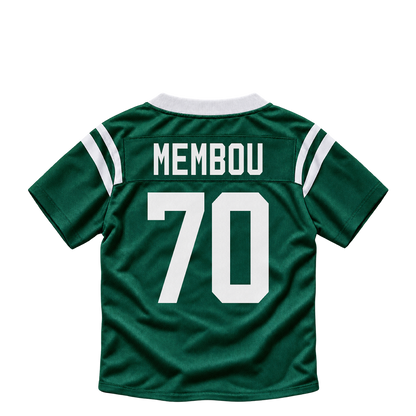New York Jets jersey keychain — Armand Membou #70. Exact saved player artwork preview.