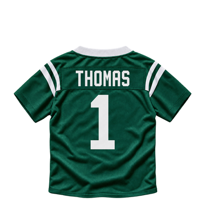 New York Jets jersey keychain — Azareye'h Thomas #1. Exact saved player artwork preview.