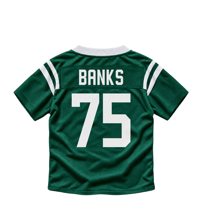 New York Jets jersey keychain — Brant Banks #75. Exact saved player artwork preview.