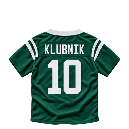 New York Jets jersey keychain — Cade Klubnik #10. Exact saved player artwork preview.