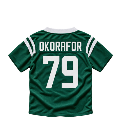 New York Jets jersey keychain — Chukwuma Okorafor #79. Exact saved player artwork preview.