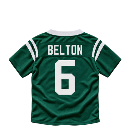 New York Jets jersey keychain — Dane Belton #6. Exact saved player artwork preview.