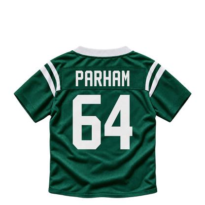 New York Jets jersey keychain — Dylan Parham #64. Exact saved player artwork preview.