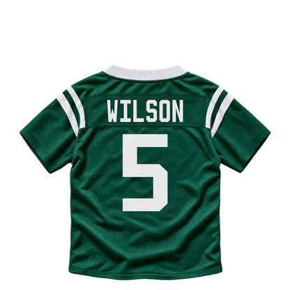 New York Jets jersey keychain — Garrett Wilson #5. Exact saved player artwork preview.