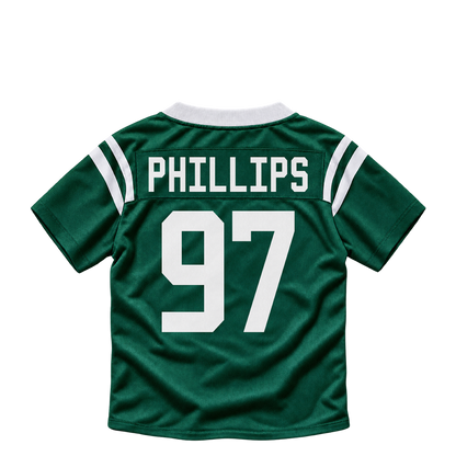 New York Jets jersey keychain — Harrison Phillips #97. Exact saved player artwork preview.