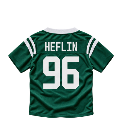 New York Jets jersey keychain — Jack Heflin #96. Exact saved player artwork preview.