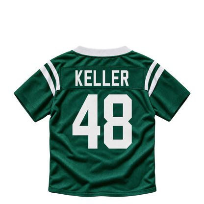 New York Jets jersey keychain — Jaden Keller #48. Exact saved player artwork preview.