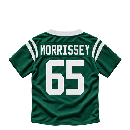 New York Jets jersey keychain — Jimmy Morrissey #65. Exact saved player artwork preview.