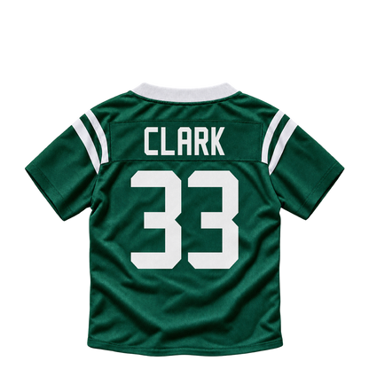 New York Jets jersey keychain — Jordan Clark #33. Exact saved player artwork preview.