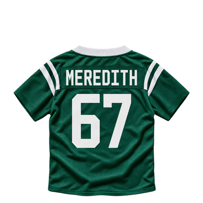 New York Jets jersey keychain — Jordan Meredith #67. Exact saved player artwork preview.
