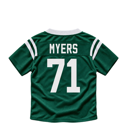 New York Jets jersey keychain — Josh Myers #71. Exact saved player artwork preview.