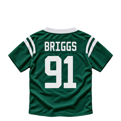 New York Jets jersey keychain — Jowon Briggs #91. Exact saved player artwork preview.