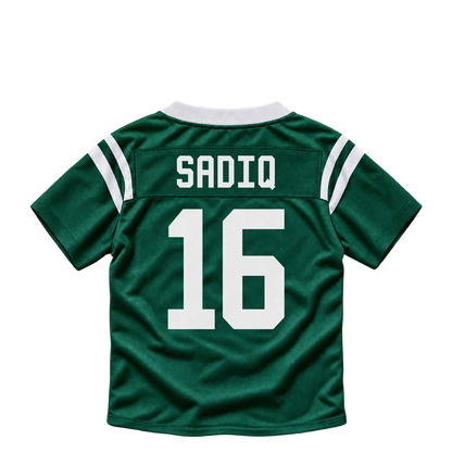 New York Jets jersey keychain — Kenyon Sadiq #16. Exact saved player artwork preview.