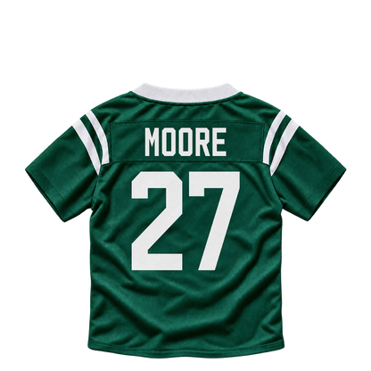 New York Jets jersey keychain — Malachi Moore #27. Exact saved player artwork preview.