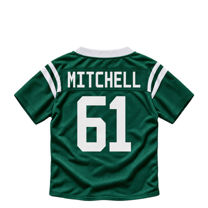 New York Jets jersey keychain — Max Mitchell #61. Exact saved player artwork preview.