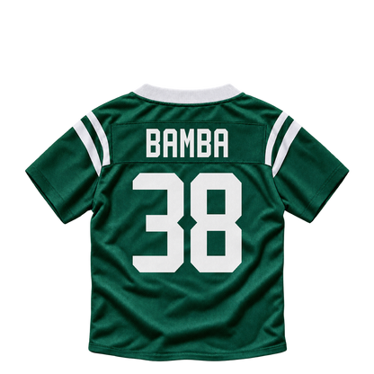 New York Jets jersey keychain — Mory Bamba #38. Exact saved player artwork preview.