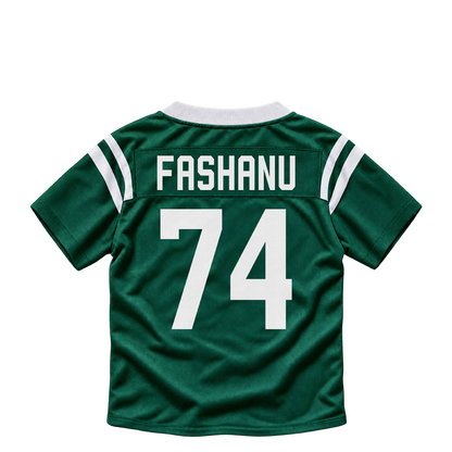 New York Jets jersey keychain — Olu Fashanu #74. Exact saved player artwork preview.