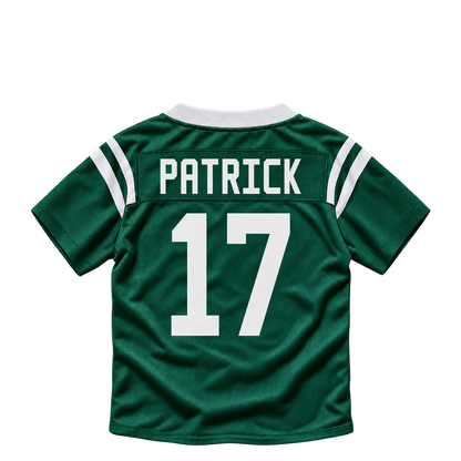 New York Jets jersey keychain — Tim Patrick #17. Exact saved player artwork preview.