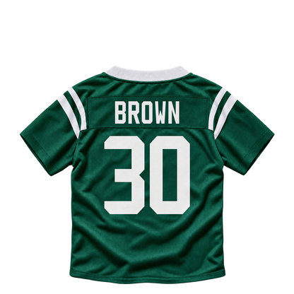 New York Jets jersey keychain — Tre Brown #30. Exact saved player artwork preview.