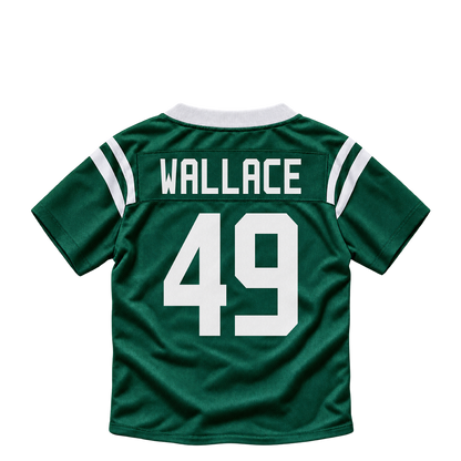 New York Jets jersey keychain — Trevin Wallace #49. Exact saved player artwork preview.