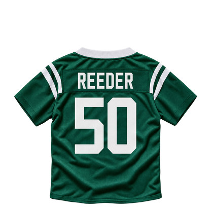 New York Jets jersey keychain — Troy Reeder #50. Exact saved player artwork preview.