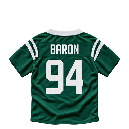 New York Jets jersey keychain — Tyler Baron #94. Exact saved player artwork preview.