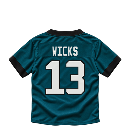 Philadelphia Eagles jersey keychain — Dontayvion Wicks #13. Exact saved player artwork preview.