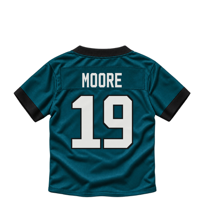 Philadelphia Eagles jersey keychain — Elijah Moore #19. Exact saved player artwork preview.