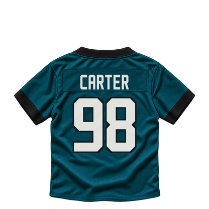 Philadelphia Eagles jersey keychain — Jalen Carter #98. Exact saved player artwork preview.