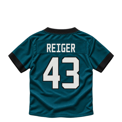 Philadelphia Eagles jersey keychain — Mason Reiger #43. Exact saved player artwork preview.
