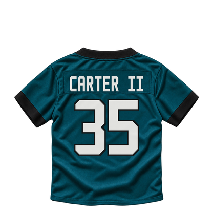 Philadelphia Eagles jersey keychain — Michael Carter II #35. Exact saved player artwork preview.