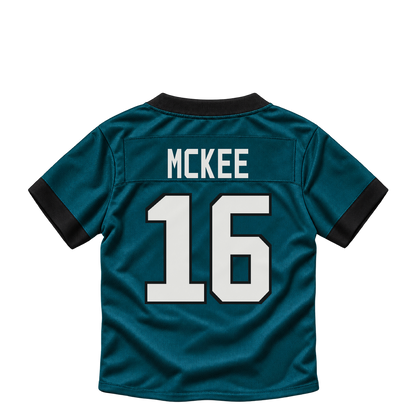 Philadelphia Eagles jersey keychain — Tanner McKee #16. Exact saved player artwork preview.