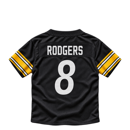 Pittsburgh Steelers jersey keychain — Aaron Rodgers #8. Exact saved player artwork preview.